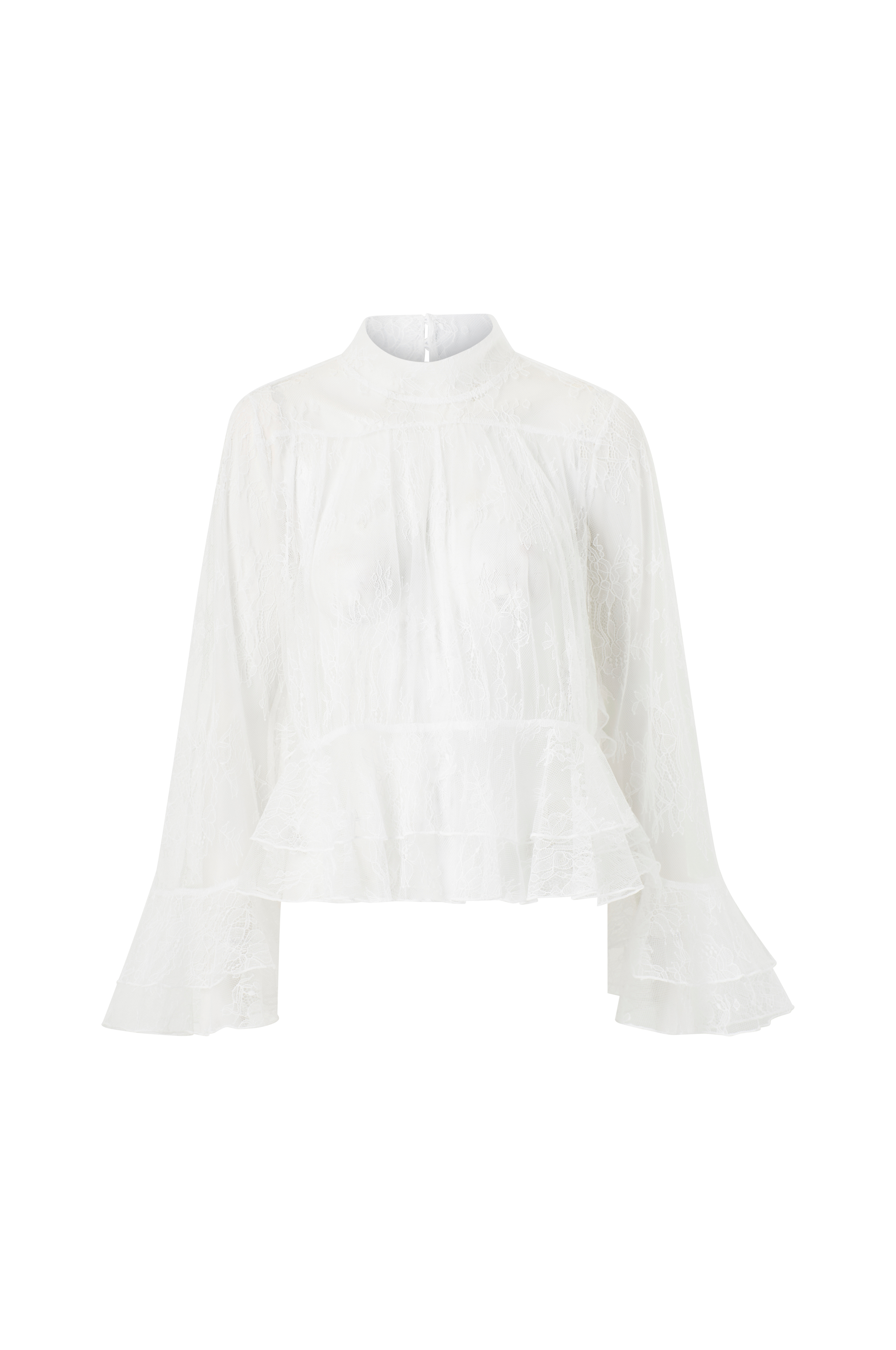 Bluse med blonder og volanger v:3868790